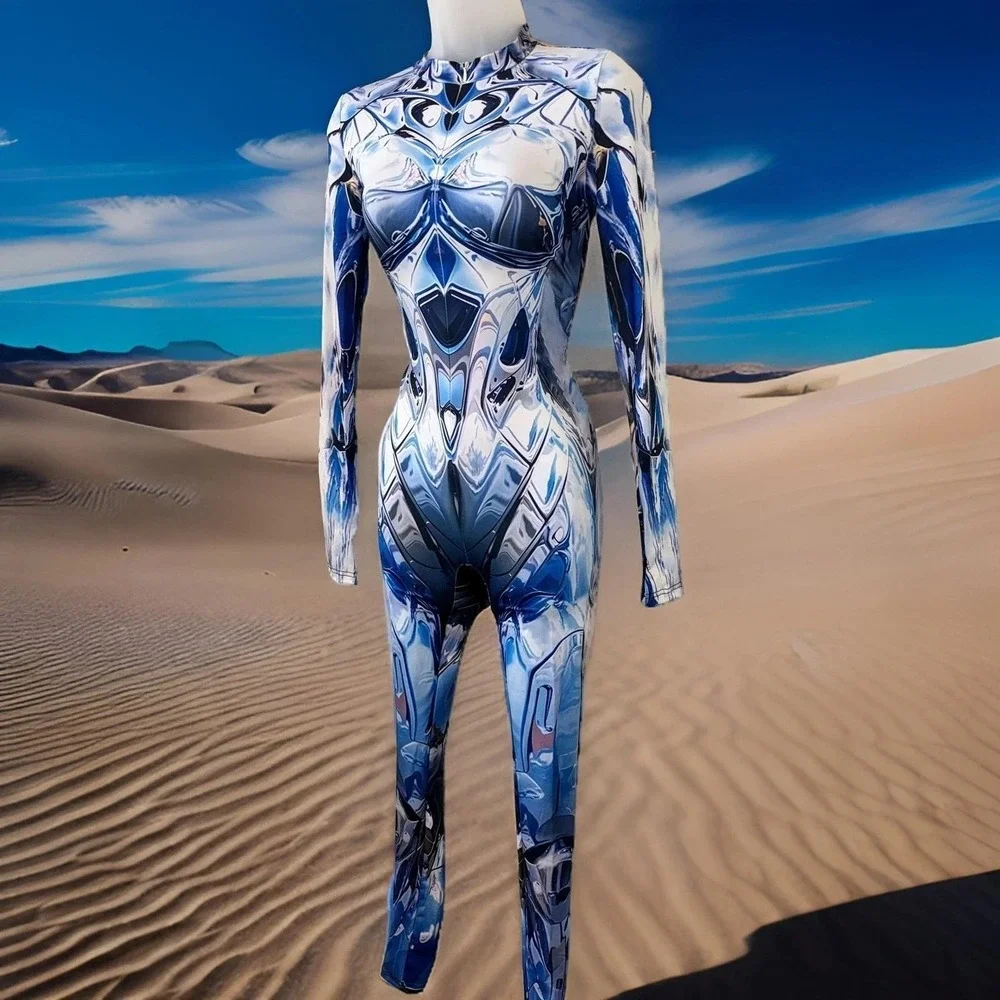 New Small Mirror Spandex Jumpsuit Catsuit Rave Illusion Blue Metallic Futuristic